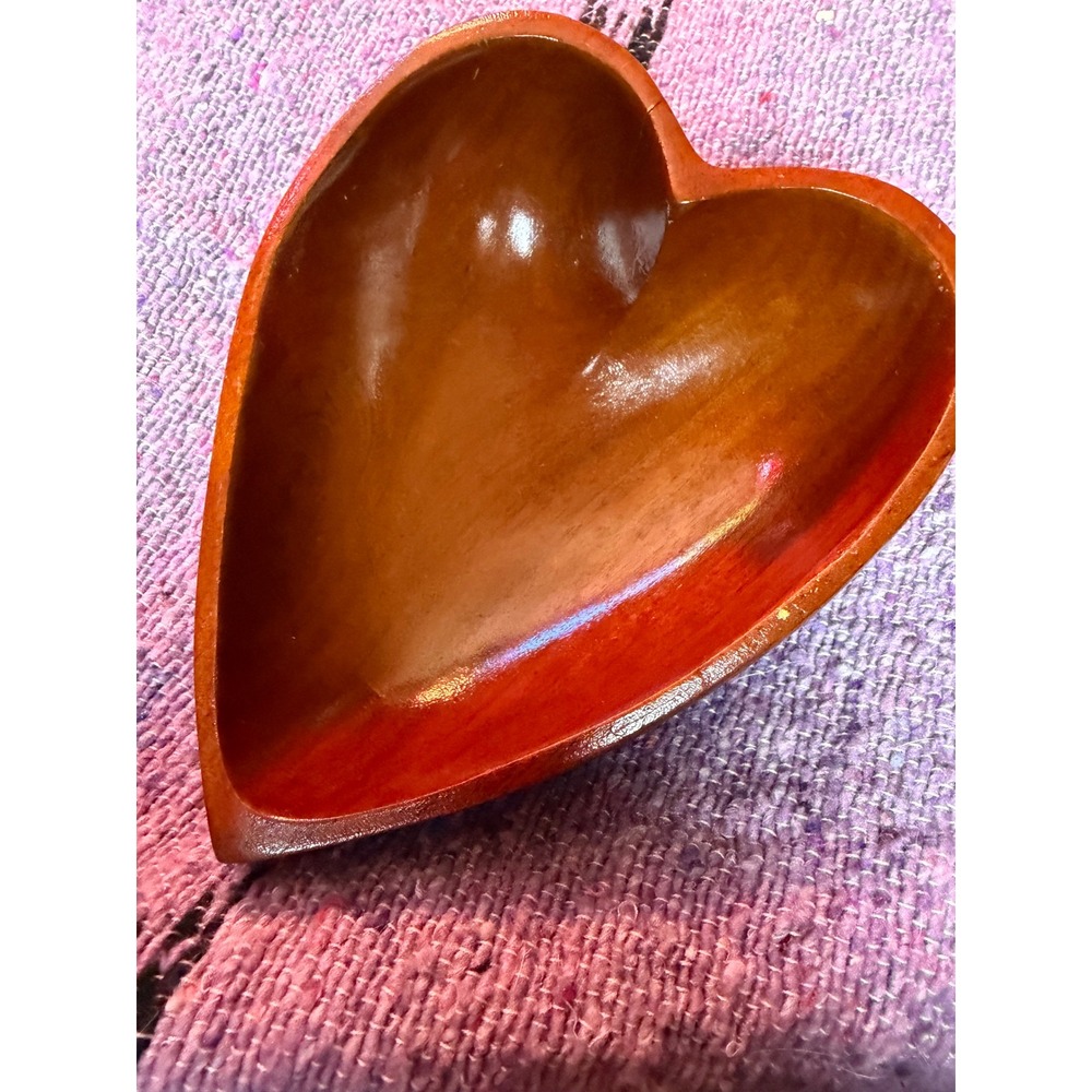 Vintage Hand Carved Wooden Heart Shaped Bowl Decorative Catchall Dish Brown